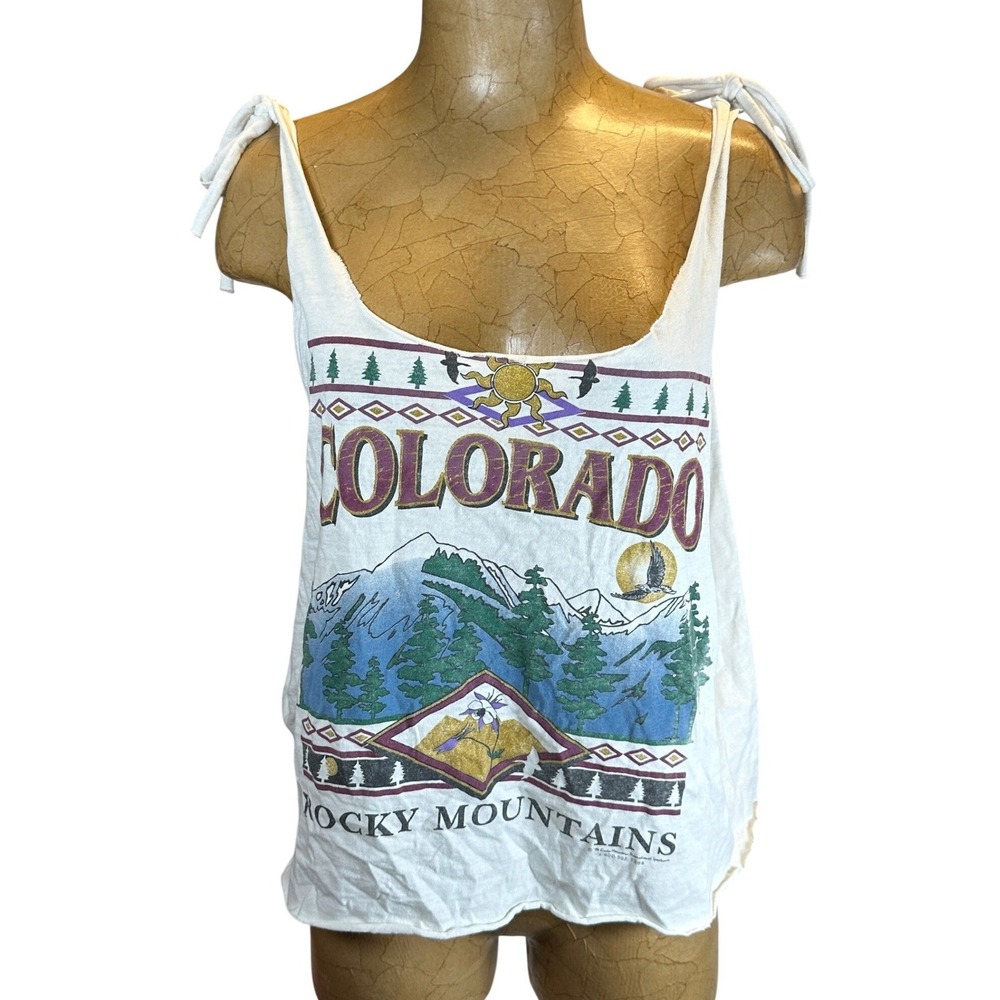 Vintage 1994 Colorado Rocky Mountains Tie Shoulder Graphic Tank Top White M/L